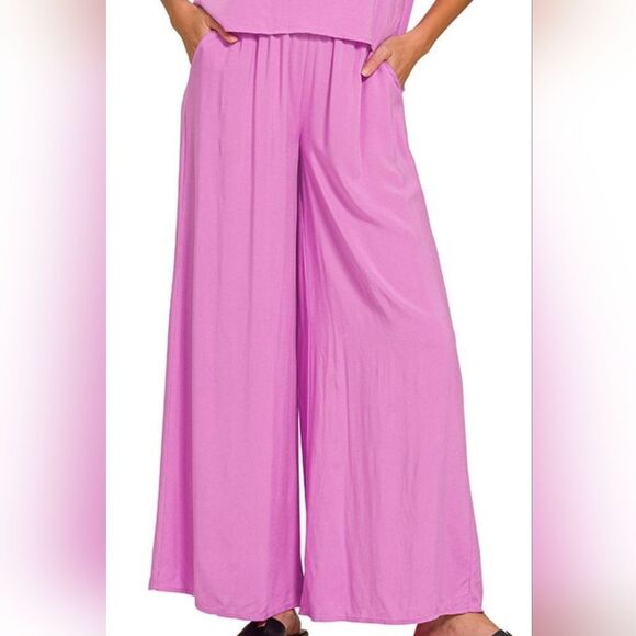 ***Zenana Round Neck T-Shirt and Wide Leg Pants Set Women's Pink Wide-Leg Pants - Picture 2 of 4